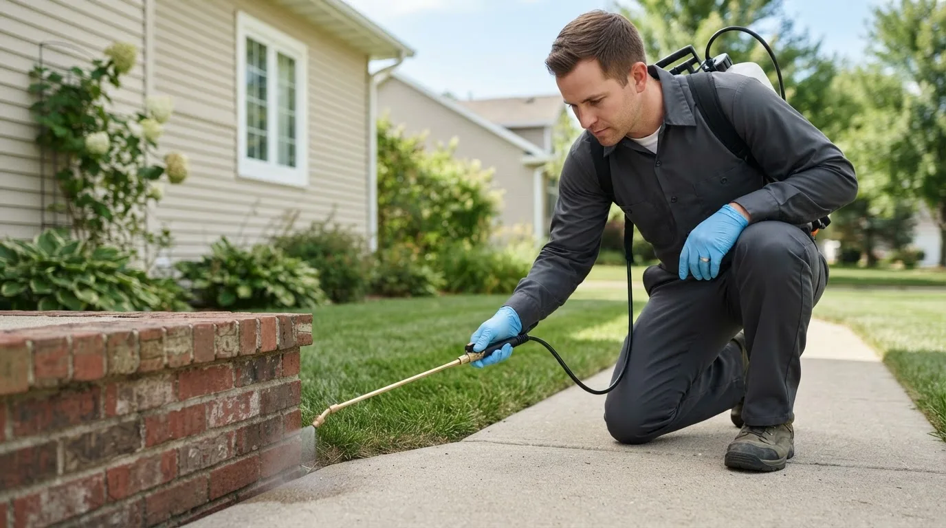 Pest control technician treating a home near Eden Valley, MN
